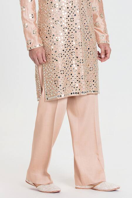 Buy_Abhinav Mishra_Peach Chanderi Mirrors, Embroidery Designer Kurta Pant Set _Online_at_Aza_Fashions