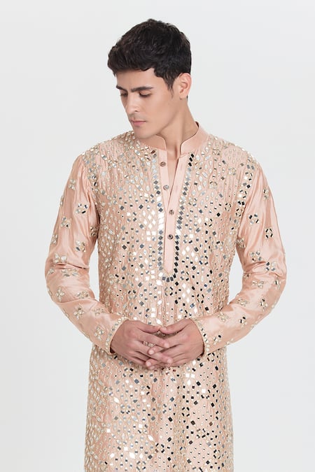 Shop_Abhinav Mishra_Peach Chanderi Mirrors, Embroidery Designer Kurta Pant Set _Online_at_Aza_Fashions