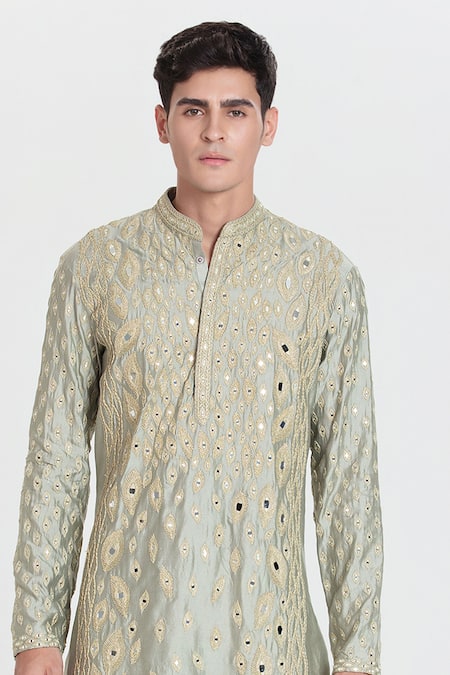 Abhinav Mishra_Green Chanderi Embroidery Pistachio Resham Mirror Work Kurta Set _Online_at_Aza_Fashions
