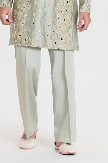 Buy_Abhinav Mishra_Green Chanderi Embroidery Pistachio Resham Mirror Work Kurta Set _Online_at_Aza_Fashions