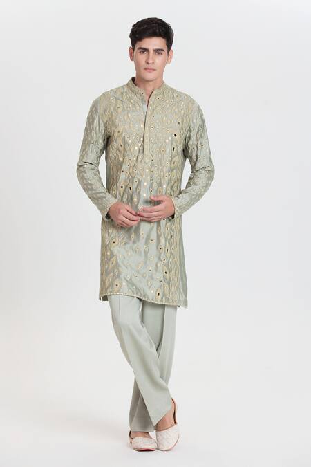 Shop_Abhinav Mishra_Green Chanderi Embroidery Pistachio Resham Mirror Work Kurta Set _Online_at_Aza_Fashions
