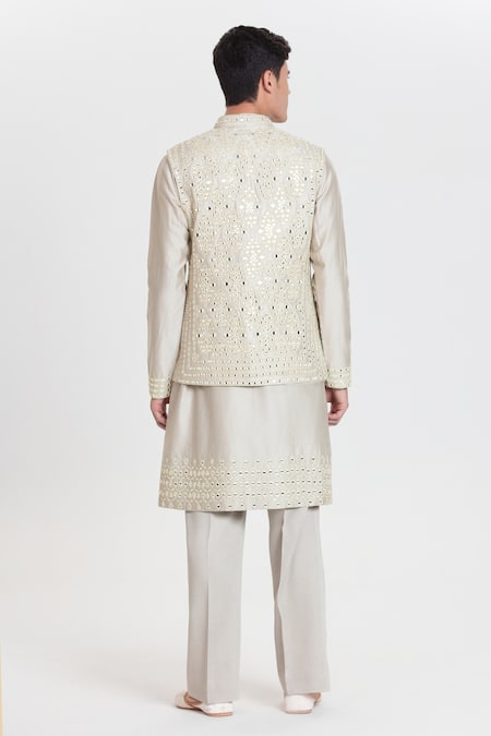 Abhinav Mishra Designer Pearl Grey Chanderi Bundi Set 