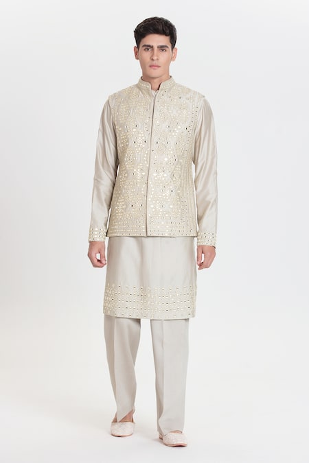 Abhinav Mishra_Gray Chanderi Embroidery, Mirrors Designer Pearl Grey Bundi Set _Online_at_Aza_Fashions