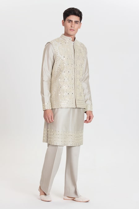 Buy_Abhinav Mishra_Gray Chanderi Embroidery, Mirrors Designer Pearl Grey Bundi Set _Online_at_Aza_Fashions