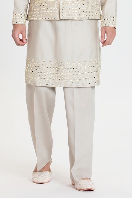 Shop_Abhinav Mishra_Gray Chanderi Embroidery, Mirrors Designer Pearl Grey Bundi Set _Online_at_Aza_Fashions