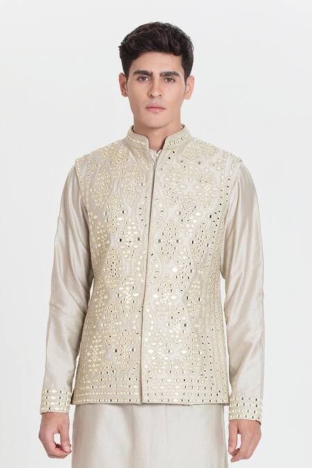 Abhinav Mishra_Gray Chanderi Embroidery, Mirrors Designer Pearl Grey Bundi Set _at_Aza_Fashions