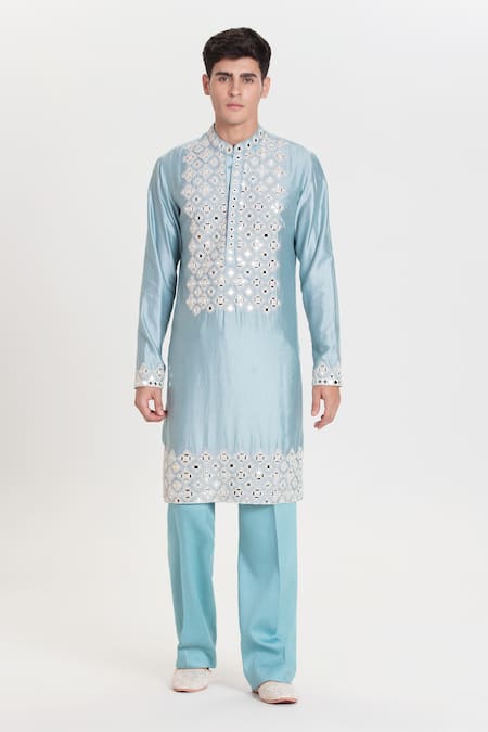 Abhinav Mishra Sky Blue Chanderi Embroidery, Mirrors Heavy Kurta Pant Set 