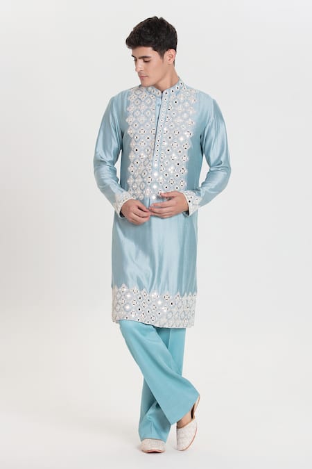 Buy Abhinav Mishra Sky Blue Chanderi Embroidery, Mirrors Heavy Kurta Pant Set Online at Aza Fashions Buy_Abhinav Mishra_Sky Blue Chanderi Embroidery, Mirrors Heavy Kurta Pant Set _Online_at_Aza_Fashions