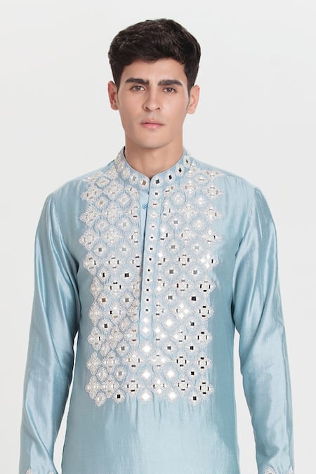 Shop Abhinav Mishra Sky Blue Chanderi Embroidery, Mirrors Heavy Kurta Pant Set Online at Aza Fashions Shop_Abhinav Mishra_Sky Blue Chanderi Embroidery, Mirrors Heavy Kurta Pant Set _Online_at_Aza_Fashions