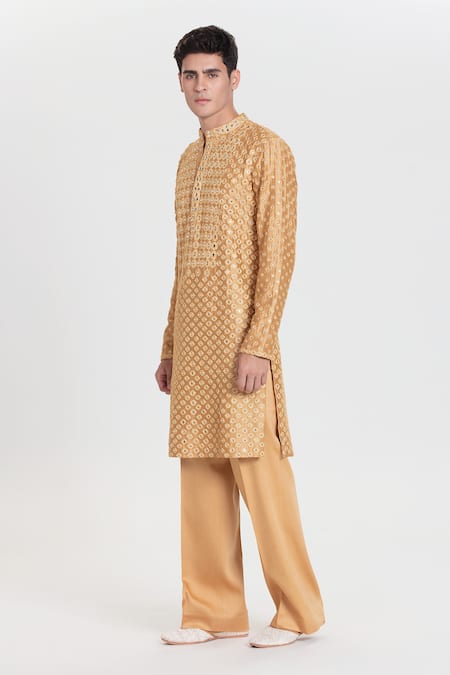 Abhinav Mishra Gold Chanderi Embroidery, Mirrors Kurta Set Online at Aza Fashions Abhinav Mishra_Gold Chanderi Embroidery, Mirrors Kurta Set _Online_at_Aza_Fashions