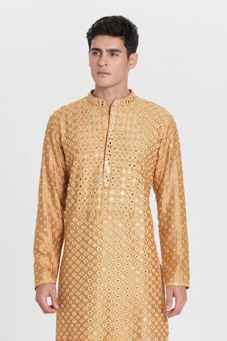 Shop Abhinav Mishra Gold Chanderi Embroidery, Mirrors Kurta Set Online at Aza Fashions Shop_Abhinav Mishra_Gold Chanderi Embroidery, Mirrors Kurta Set _Online_at_Aza_Fashions