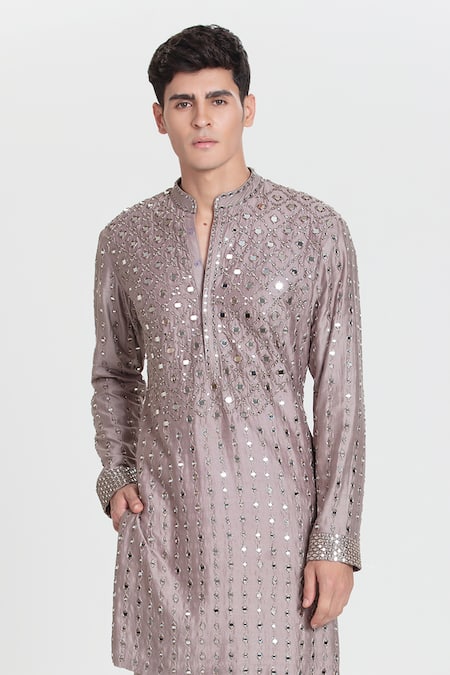 Shop_Abhinav Mishra_Purple Chanderi Mirrors, Embroidery Designer Kurta Set _Online_at_Aza_Fashions