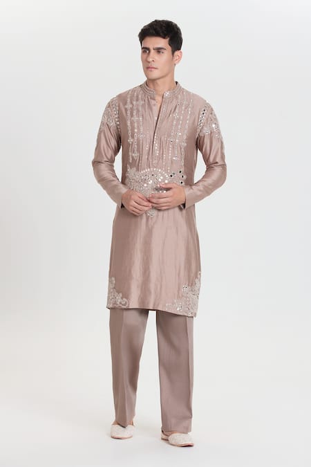 Buy_Abhinav Mishra_Pink Chanderi Embroidery, Mirrors Cameo Kurta Set _Online_at_Aza_Fashions