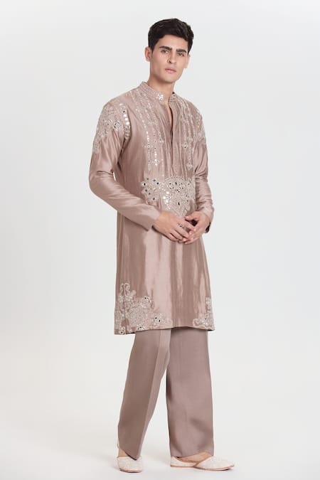 Shop_Abhinav Mishra_Pink Chanderi Embroidery, Mirrors Cameo Kurta Set _Online_at_Aza_Fashions