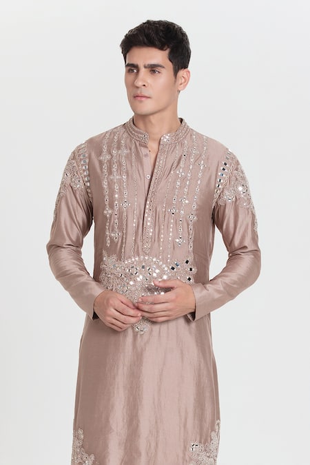 Abhinav Mishra_Pink Chanderi Embroidery, Mirrors Cameo Kurta Set _at_Aza_Fashions