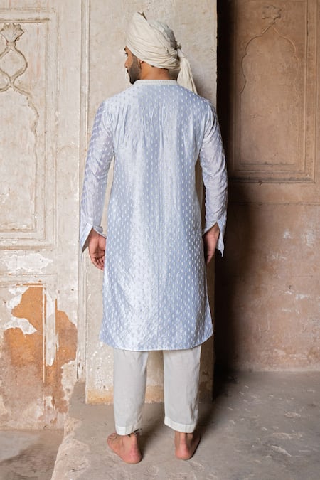 Preevin Ice Blue Dots Full Embroidered Kurta With Pant 