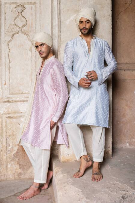 Buy_Preevin_Blue Chanderi Silk, Cotton Sequins, Embroidery Ice Dots Full Kurta With Pant _Online_at_Aza_Fashions