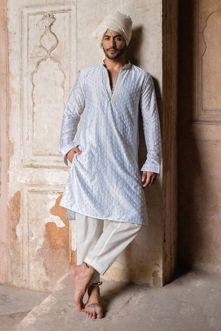 Shop_Preevin_Blue Chanderi Silk, Cotton Sequins, Embroidery Ice Dots Full Kurta With Pant _Online_at_Aza_Fashions