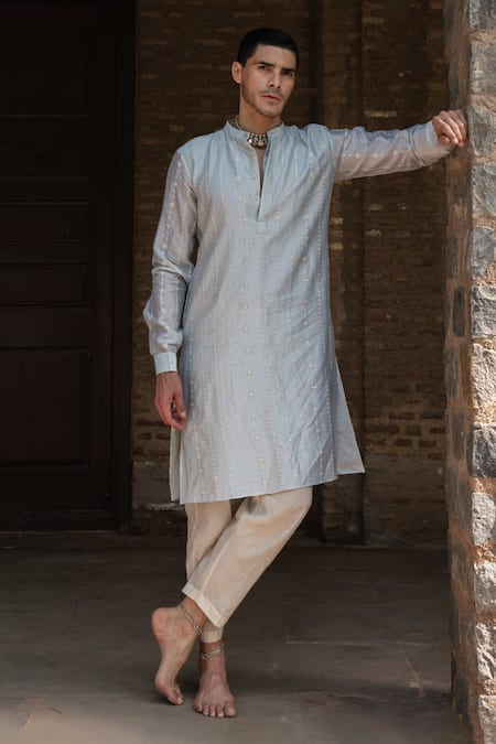 Preevin_Blue Chanderi Silk, Cotton Sequins, Embroidery Ice Line Full Kurta With Pant _Online_at_Aza_Fashions