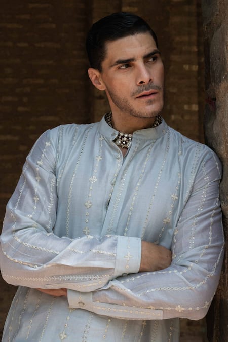 Shop_Preevin_Blue Chanderi Silk, Cotton Sequins, Embroidery Ice Line Full Kurta With Pant _Online_at_Aza_Fashions