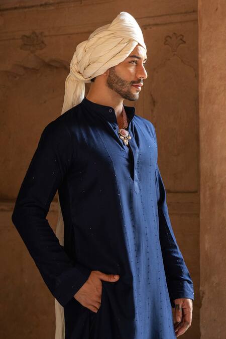 Preevin_Blue Cotton, Silk Embroidery Indigo Line Sequence Kurta With Pant _Online_at_Aza_Fashions