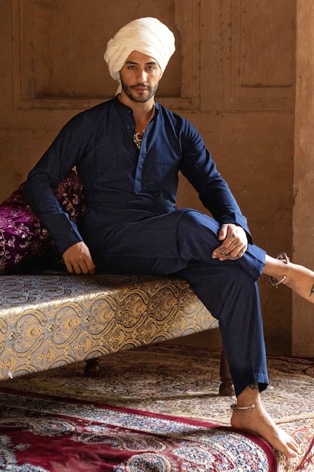 Buy_Preevin_Blue Cotton, Silk Embroidery Indigo Line Sequence Kurta With Pant _Online_at_Aza_Fashions