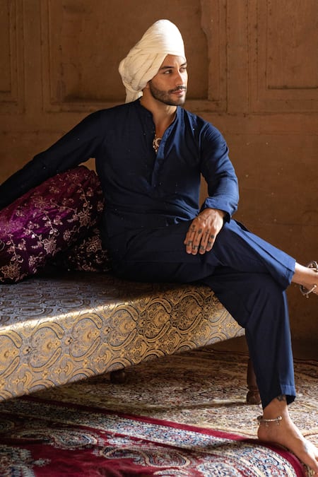 Shop_Preevin_Blue Cotton, Silk Embroidery Indigo Line Sequence Kurta With Pant _Online_at_Aza_Fashions