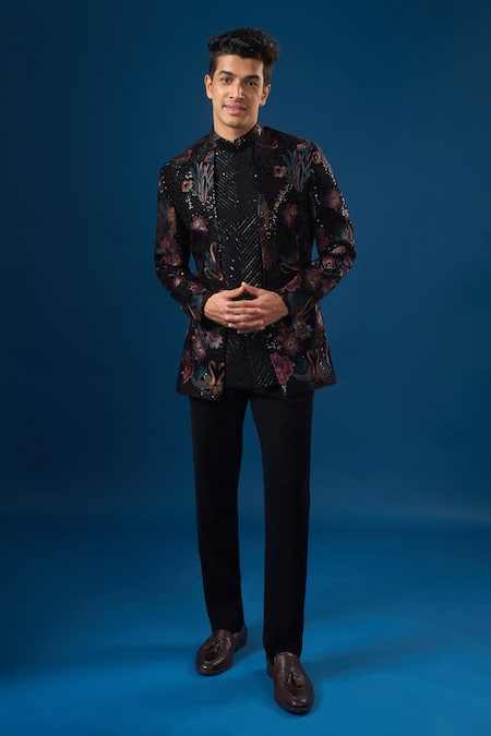 Rng Safawala_Black Velvet Sequins, Embroidery Coal Velour Bandhgala Set _at_Aza_Fashions