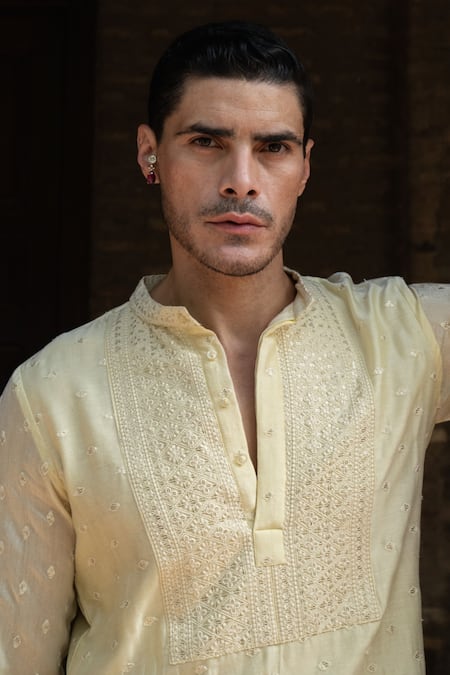 Preevin_Lime Chanderi Silk, Cotton Embroidery Lemon Big Border Full Kurta With Pant _Online_at_Aza_Fashions