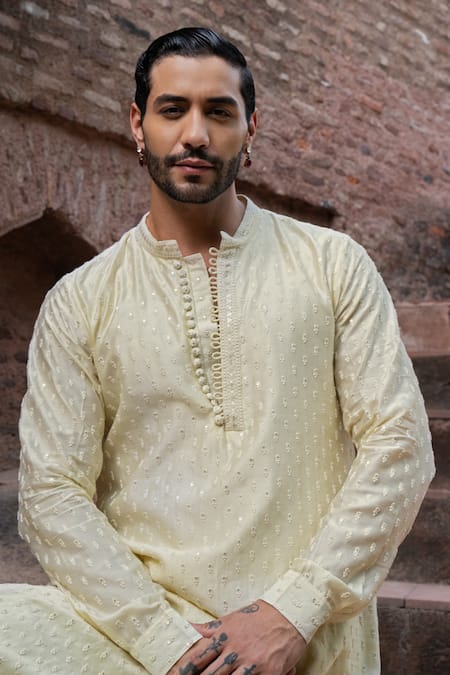 Preevin_Yellow Chanderi Silk Embroidery Lemon Dots Full Kurta With Pants _Online_at_Aza_Fashions