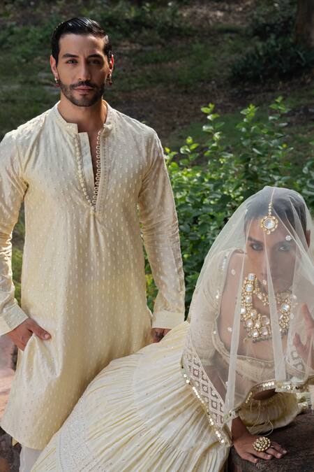 Buy_Preevin_Yellow Chanderi Silk Embroidery Lemon Dots Full Kurta With Pants _Online_at_Aza_Fashions