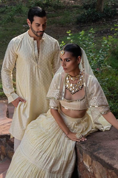 Preevin_Yellow Chanderi Silk Embroidery Lemon Dots Full Kurta With Pants _at_Aza_Fashions