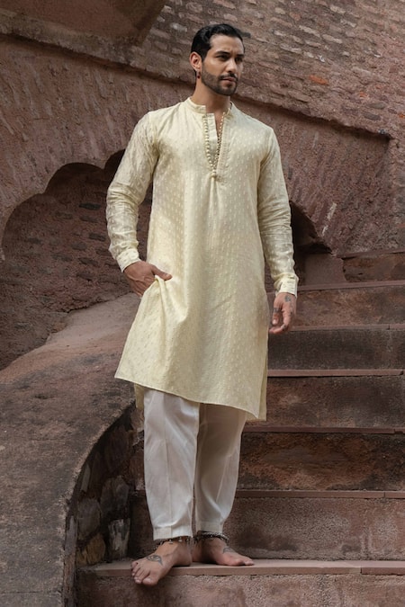 Buy_Preevin_Yellow Chanderi Silk Embroidery Lemon Dots Full Kurta With Pants 
