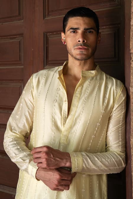 Shop_Preevin_Lime Chanderi Silk, Cotton Embroidery Lemon Line Full Kurta With Pant _Online_at_Aza_Fashions