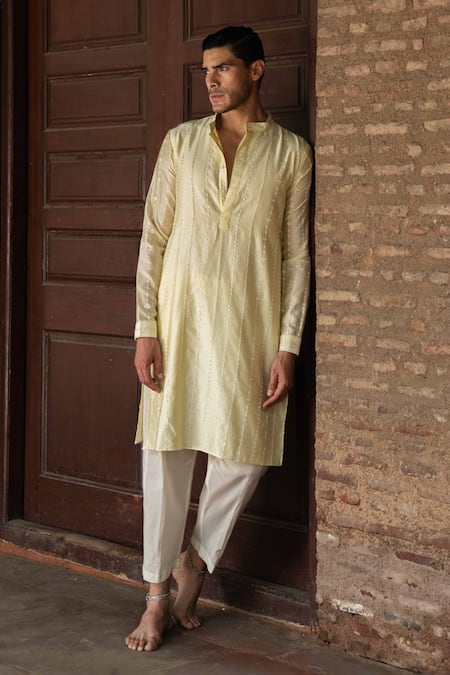 Preevin Lime Chanderi Silk, Cotton Embroidery Lemon Line Full Kurta With Pant 