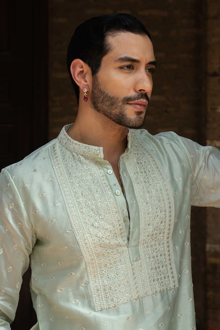 Preevin Mint Chanderi Silk, Cotton Embroidery Big Border Full Kurta With Pant Online at Aza Fashions Preevin_Mint Chanderi Silk, Cotton Embroidery Big Border Full Kurta With Pant _Online_at_Aza_Fashions