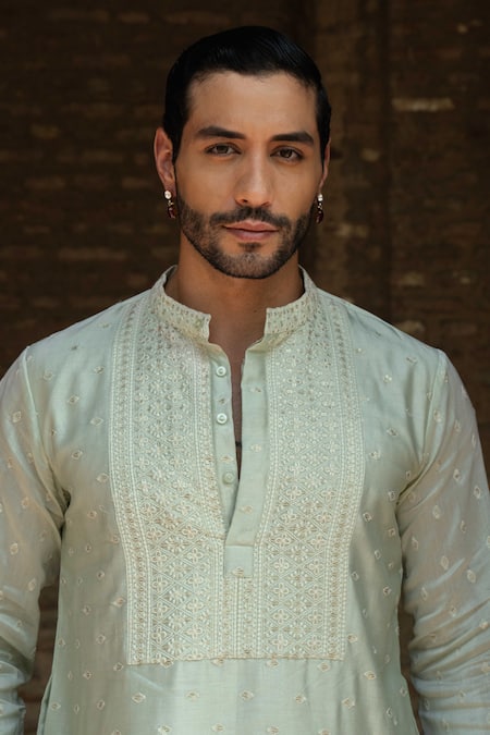 Buy Preevin Mint Chanderi Silk, Cotton Embroidery Big Border Full Kurta With Pant Online at Aza Fashions Buy_Preevin_Mint Chanderi Silk, Cotton Embroidery Big Border Full Kurta With Pant _Online_at_Aza_Fashions