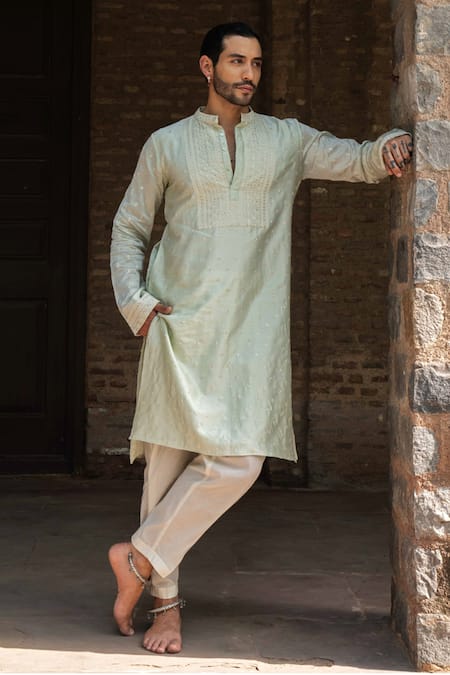 Shop Preevin Mint Chanderi Silk, Cotton Embroidery Big Border Full Kurta With Pant Online at Aza Fashions Shop_Preevin_Mint Chanderi Silk, Cotton Embroidery Big Border Full Kurta With Pant _Online_at_Aza_Fashions