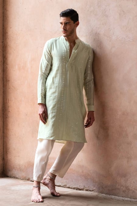 Preevin Mint Chanderi Silk, Cotton Embroidery Line Full Kurta With Pant