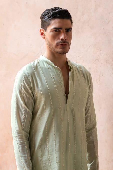 Preevin Mint Chanderi Silk, Cotton Embroidery Line Full Kurta With Pant Online at Aza Fashions Preevin_Mint Chanderi Silk, Cotton Embroidery Line Full Kurta With Pant _Online_at_Aza_Fashions
