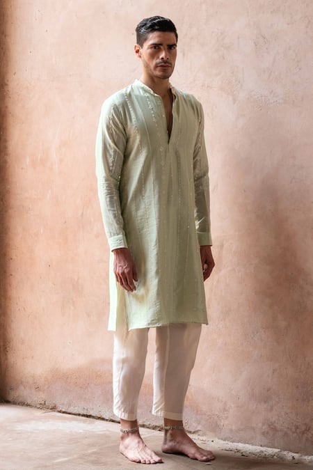Buy Preevin Mint Chanderi Silk, Cotton Embroidery Line Full Kurta With Pant Online at Aza Fashions Buy_Preevin_Mint Chanderi Silk, Cotton Embroidery Line Full Kurta With Pant _Online_at_Aza_Fashions