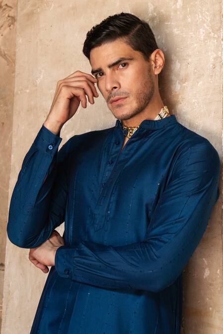 Preevin Navy Cotton, Silk Embroidery Blue Line Sequence Kurta With Pant Online at Aza Fashions Preevin_Navy Cotton, Silk Embroidery Blue Line Sequence Kurta With Pant _Online_at_Aza_Fashions