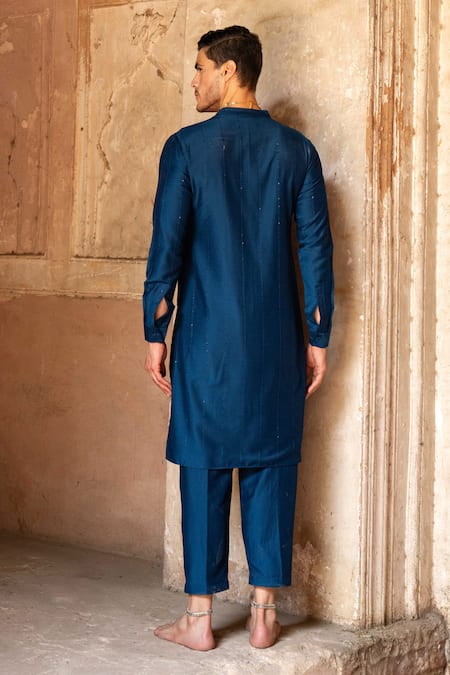 Preevin Navy Blue Line Sequence Kurta With Pant 