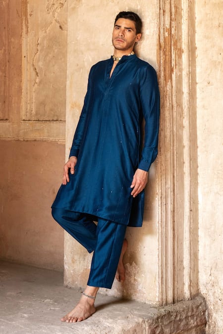 Preevin Navy Cotton, Silk Embroidery Blue Line Sequence Kurta With Pant