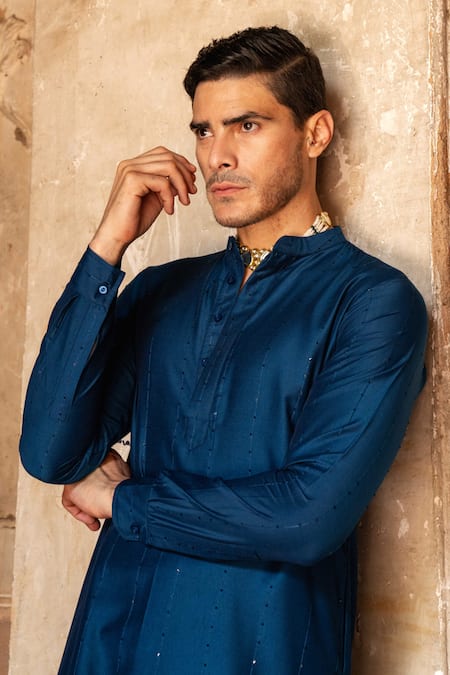 Buy Preevin Navy Cotton, Silk Embroidery Blue Line Sequence Kurta With Pant Online at Aza Fashions Buy_Preevin_Navy Cotton, Silk Embroidery Blue Line Sequence Kurta With Pant _Online_at_Aza_Fashions