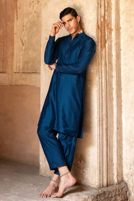 Shop Preevin Navy Cotton, Silk Embroidery Blue Line Sequence Kurta With Pant Online at Aza Fashions Shop_Preevin_Navy Cotton, Silk Embroidery Blue Line Sequence Kurta With Pant _Online_at_Aza_Fashions