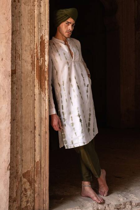 Shop_Preevin_Olive Green Cotton, Silk Embroidery Tie Dye Line Sequence Kurta Set_Online_at_Aza_Fashions