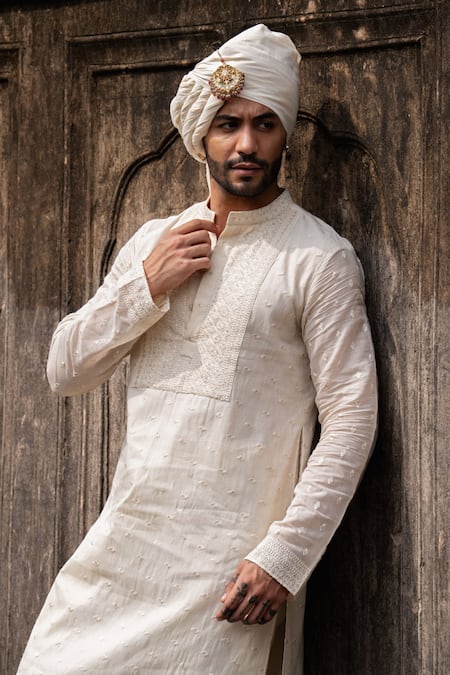 Preevin Off White Cotton Embroidery Big Border Full Kurta With Pant Online at Aza Fashions Preevin_Off White Cotton Embroidery Big Border Full Kurta With Pant _Online_at_Aza_Fashions