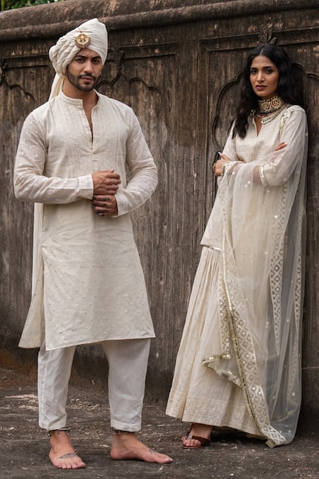 Shop Preevin Off White Cotton Embroidery Big Border Full Kurta With Pant Online at Aza Fashions Shop_Preevin_Off White Cotton Embroidery Big Border Full Kurta With Pant _Online_at_Aza_Fashions