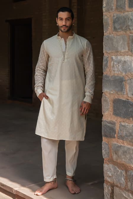 Buy_Preevin_Off White Cotton Sequins, Embroidery Dots Full Kurta With Pant _Online_at_Aza_Fashions